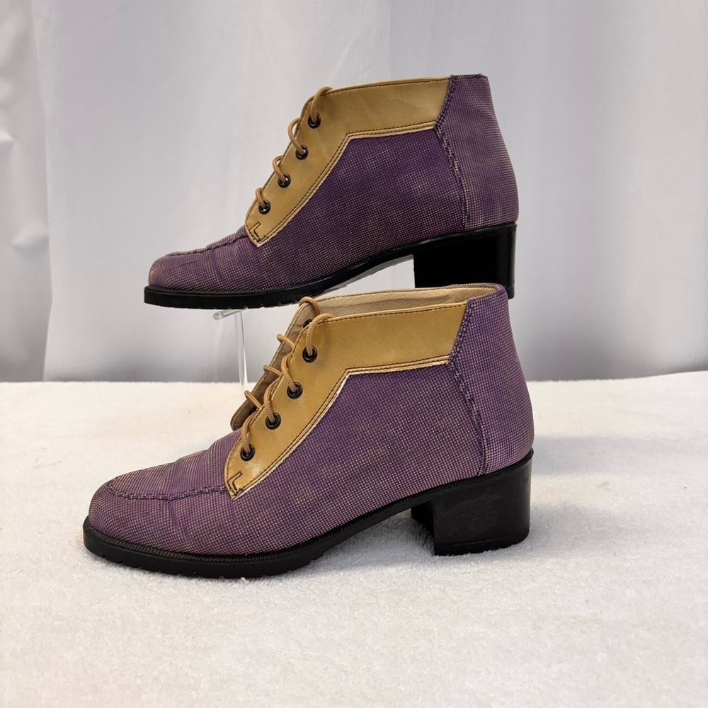 Nicole St. Louis Handcrafted Purple & Tan Two-Tone Lace-Up Booties - Picture 2 of 15